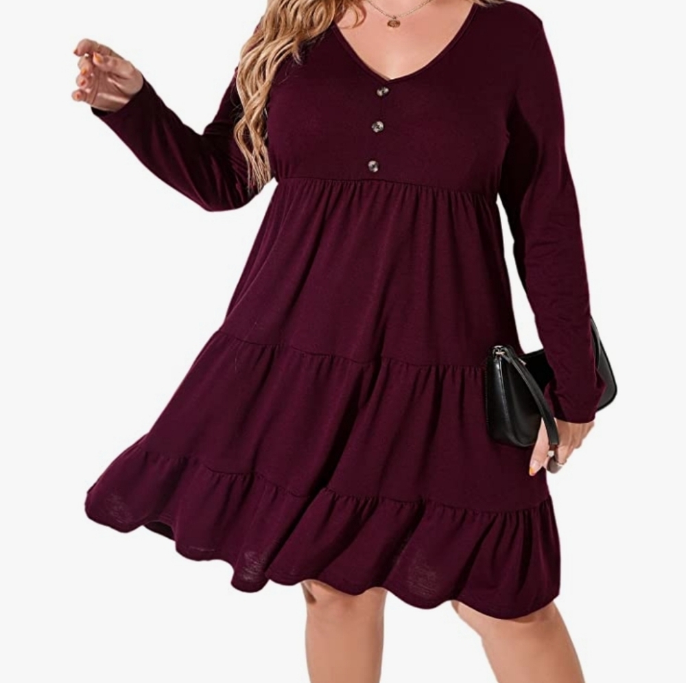 NWT Casual Dress Lantern Sleeve Ruffle Hem V Neck Loose Swing Tunic Mini Dress